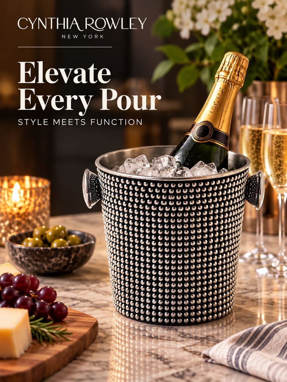 Cynthia Rowley New York Silver Studded Ice Bucket Wine Champagne Chiller 6"